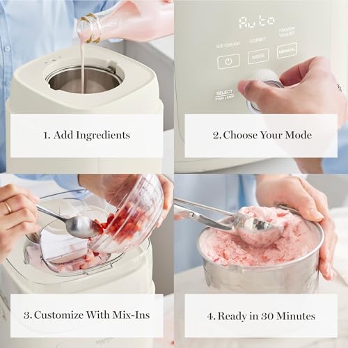 Image of Martha Stewart 1 Quart Ice Cream Maker, Built-In Compressor, No Pre-Freezing Required, 3 Modes (Ice Cream, Sorbet, Frozen Yogurt), Automatic Mix-In Alert, Dishwasher-Safe Parts, Linen Cream
