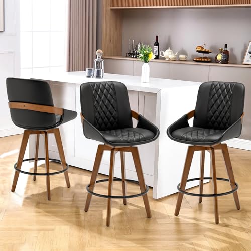 Image of Bar Stools Set of 3, 29.5 Inch Mid Century Modern Retro Swivel Bar Stools, Faux Leather Upholstered and Walnut Wood Frame for Bar /Pub /Island (Black, 29.5 inch-3 PCS)
