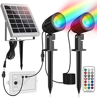 Linke RGB Solar Spot Lights Outdoor, 2 in 1 Colour Changing IP66 Waterproof Solar Landscape Spotlights, Remote Control, Dusk to Dawn, Solar Powered Wall Lights for Garden Path Patio Tree Fence Statue