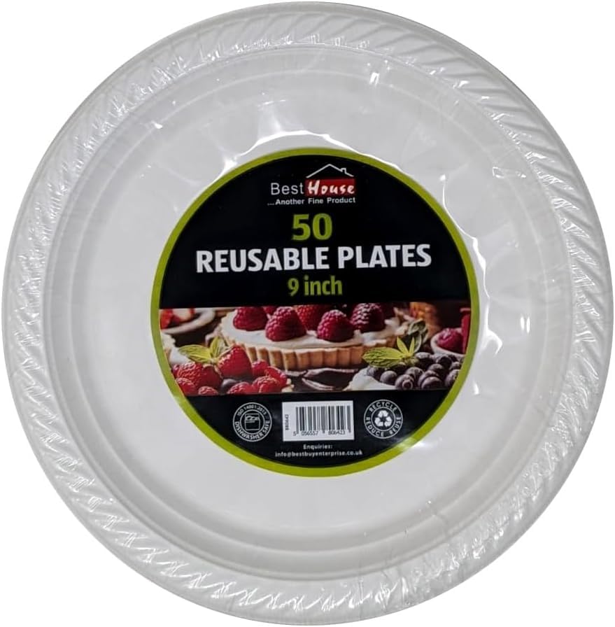 Best House 9 inch Lightweight White Plastic Plates - Microwave & Dishwasher Safe, Reusable - Lunch & Dinner Plates for Catering, Events, Parties, Everyday Use (Pack of 50 PCS)