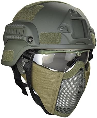 Jadedragon MICH 2000 Style ACH Tactical Helmet with Protect Ear Foldable Double Straps Half Face Mesh Mask & Goggle