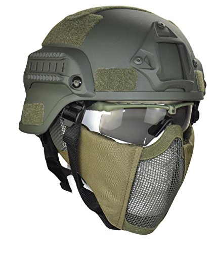 Jadedragon MICH 2000 Style ACH Tactical Helmet with Protect Ear Foldable Double Straps Half Face Mesh Mask & Goggle (Green)