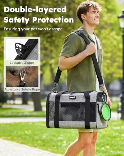 pecuteยฎ Pet Carrier Bag, Cat Carrier Handbag, Portable Dog Travel Bag with Foldable Bowl, Breathable Mesh Fabric, Suitable for Both Long And Short Trips, Used for Cats and Puppies Under 5KG (M,Grey) - Image 5