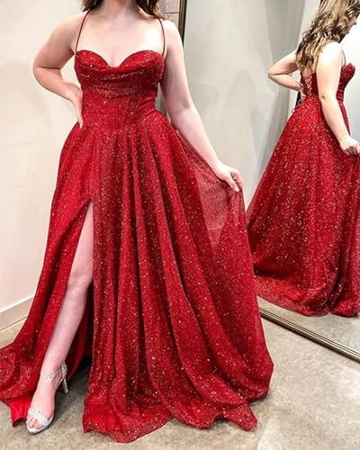 Glitter Satin Prom Dresses Sparkly Formal Ball Gown Spaghetti Strap Evening Dress with Slit3