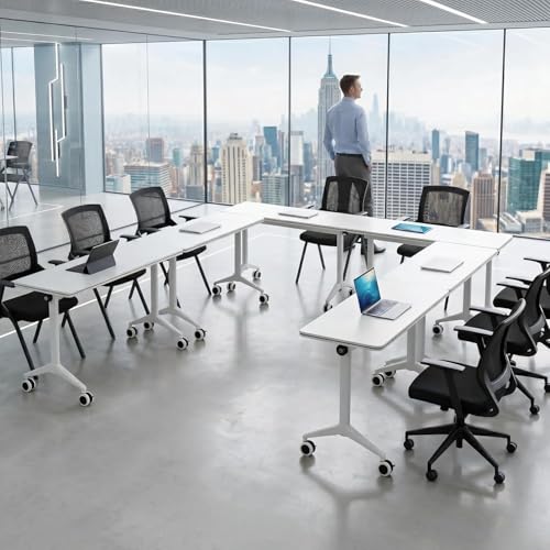 Velmorix Folding Conference Table with Wheels, Mobile Flip-Top Training Table, Modular Space-Saving Meeting Table for Office, Classroom, Seminar, Library,White47in,1pack