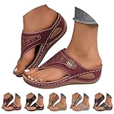 Orthopedic Sandals for Women 2025 Summer Beach Vacation Flip Flops Casual Dressy Comfortable Shoes Arch Support Low Wedges Ladies Walking Slip On Anti-Slip Travel Open Toe Elegant Red Size 9.5