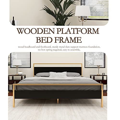 Nnv Metal Platform Twin Size Bed Frame With Wooden Headboard And Footboard, Strong Metal Slats Support Mattress Foundation No Box Spring Needed Easy Assembly Gold #TOP3