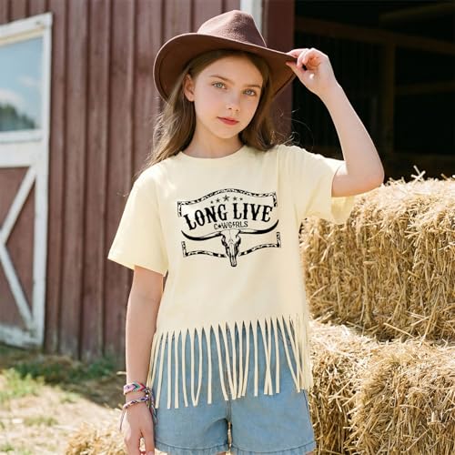 Image of Wrenpies Girls Western Fringe Shirt Long Live Cowgirls Country Rodeo Shirts Kids Cow Skull Graphic Tees Tassel Fringe Tops