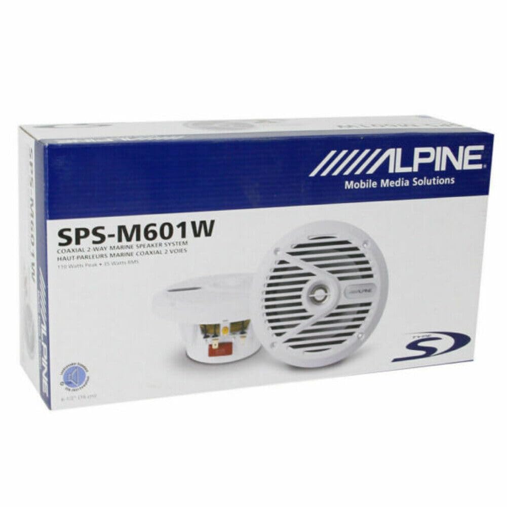Kit Set para Alpine SPS-M601W 2 Altavoces Marinos coaxiales de 2 vías Blancos 16,5 cm 165 mm 6,5" Impermeables a Prueba de Agua 35 vatios rms 110 vatios máx 4 ohmios, Piscina Barco mar, por par