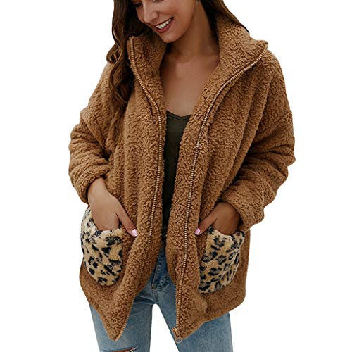 SamojoyFurry Faux Fur Coat Women, Leopard Print Fuzzy Jacket Full Zip Pocket Fleece Sherpa Winter Warm Outwear Overcoat Khaki