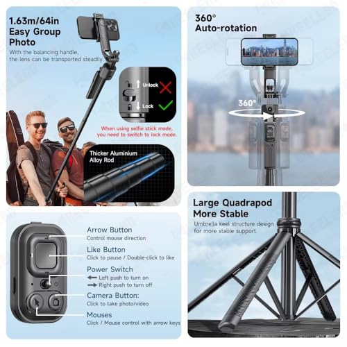 Image of FKU C17 Auto Face Tracking AI Gimbal Selfie Stick Tripod Stand 3 in 1 Multifunctional Design, Detachable Bluetooth Remote Compatible for iPhone /Android, Best for Vlogging /Photo Shoot