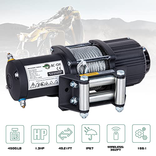 AC-DK 4500 lb Winch Electric Steel Cable ATV Winch Kit, 12V Winch for Towing ATV/UTV Off-Road Trailer, IP67 Waterproof Winch with Wireless Remote Control and Mounting Bracket - Image 2