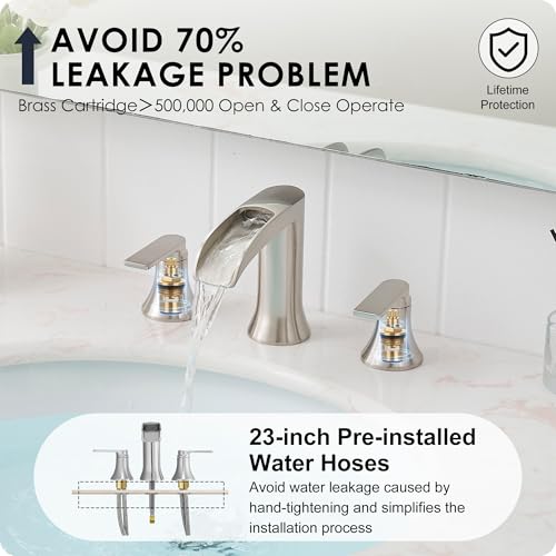 HOIGY Brushed Nickel Bathroom Faucet 3 Hole, 4-8 Inch Waterfall Bathroom Sink Faucet Widespread with Drain & cUPC Supply Hose, 2 Handles for Vanity, Lavatory, Restroom, Brass Material, 10 Mins Install thumbnail 5