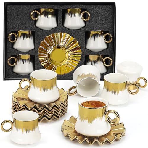 Hebaogugu Coffee Cup Set of 6 with Saucers, 3.5 OZ Ceramic Espresso Cups, Deco Golden Turkish Coffee Cup Gift for Cappuccino, Latte, Cafe Mocha and Tea, Dishwasher & Microwave Safe