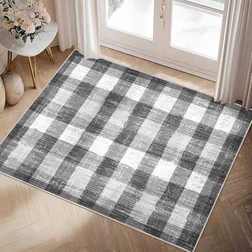 Image of Checkered Area Rug, 2x3, Grey | Washable, Non Slip, Modern Neutral, For Living Room Bedroom Office Patio Dining Room