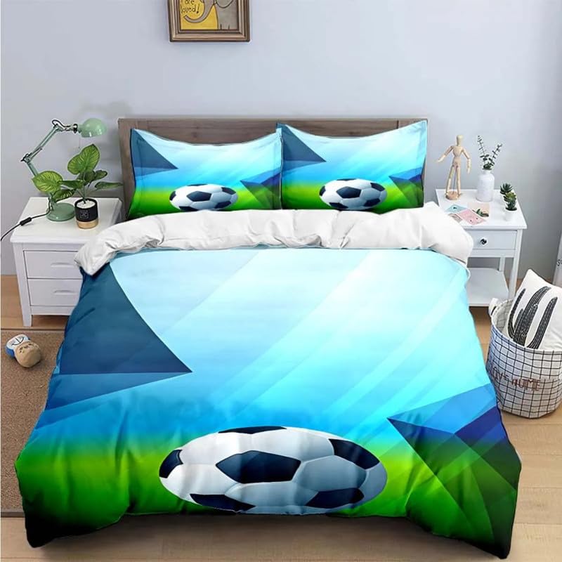 Housse de Couette 220x240 Football Bleu avec 2 Taies d'Oreiller en Microfibre Douce pour Lit Adulte