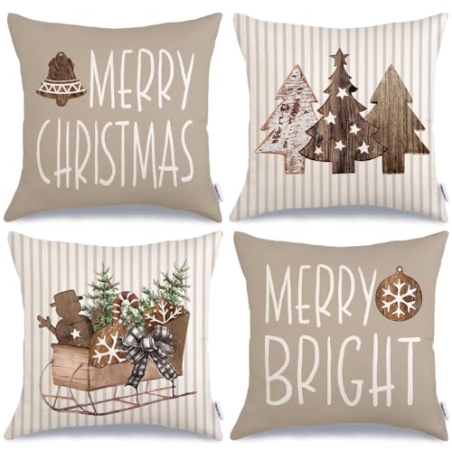 GEEORY-Christmas-Pillow-Covers-18-x-18-Inch-Set-of-4-Striped-Wooden-Tree-Snow-Sleigh-Merry-Bright-Xmas-Holiday-Decor-Decorative-Throw-Cushion-Case-Decoration-for-Home-Party-Sofa-Couch-Brown GEEORY Christmas Pillow Covers 18 x 18 Inch Set of 4 Striped Wooden Tree Snow Sleigh Merry Bright Xmas Holiday Decor Decorative Throw Cushion Case Decoration for Home Party Sofa Couch Brown