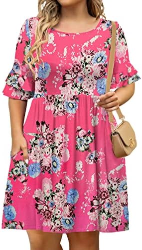 Tralilbee Womens Short Sleeve Pleated Loose Swing Casual Plus Size Dress with Pockets 18 2XL