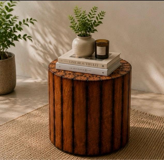 Rustic Wooden Stool | Multipurpose Round End Table for Home-(Pure Mango Wood 12 INCH)-image-21