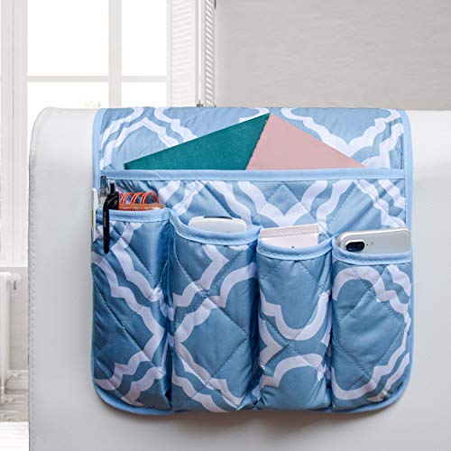 Mdstop 5 Pockets Remote Control Holder, Magazine Rack, Space Saver Organizer, Draped Over Sofa, Couch, Recliner Armrest(Blue + White) #TOP4