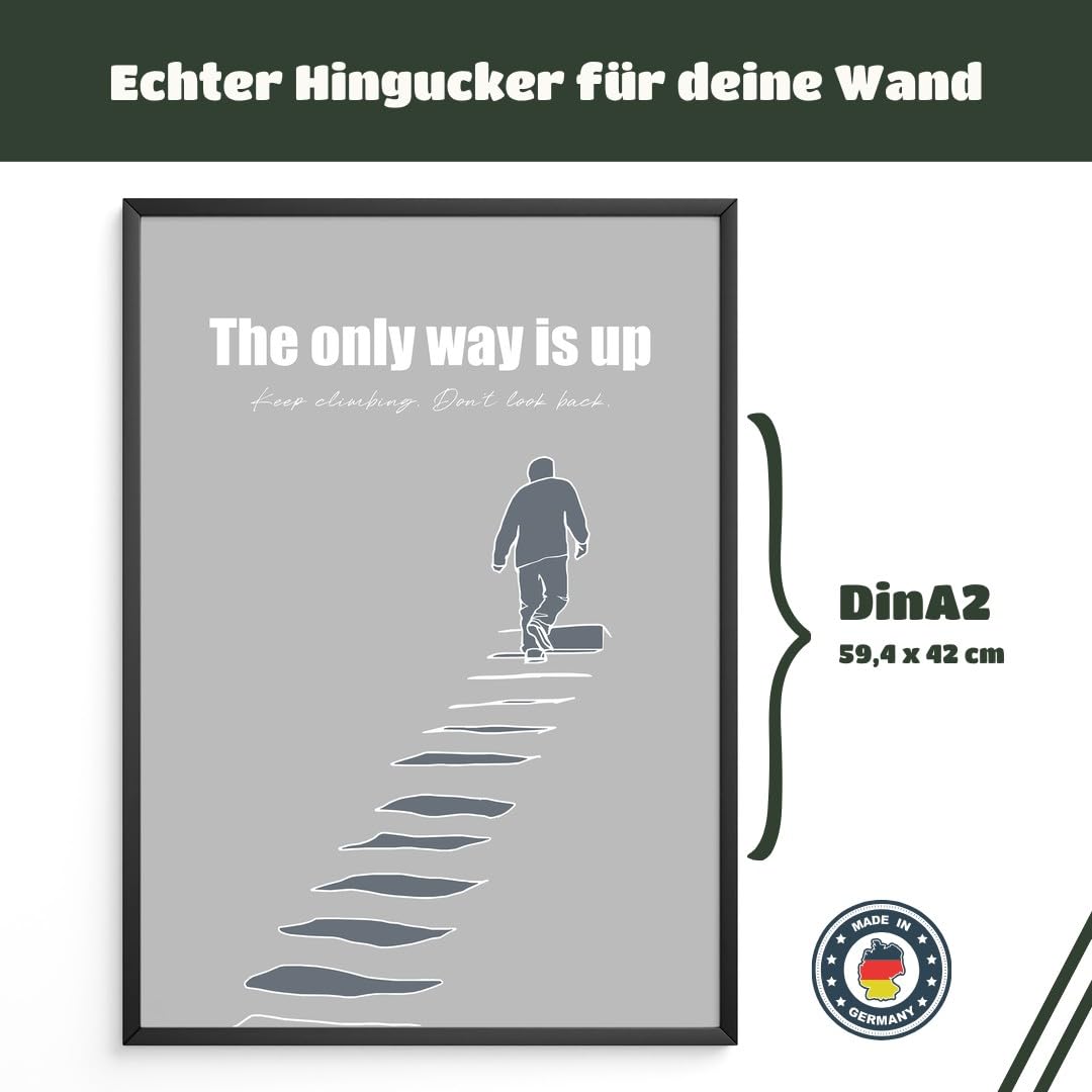 MJ-GRAPHICS® Motivierend Poster Aufstieg Wandbild minimalistisch Stil Grau modern Wohnzimmer DekoInspirierend Kunstdruck Treppe Büro Wanddeko zielstrebig Bilder A2 mit beigem Rahmen
