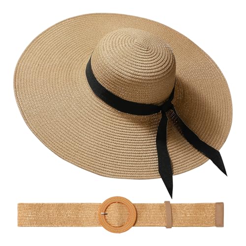 Womens Beach Sun Straw Hat with Straw Belt UV UPF 80+ Travel Foldable Brim Summer UV Hat Stretch Boho Belt for Dress Khaki