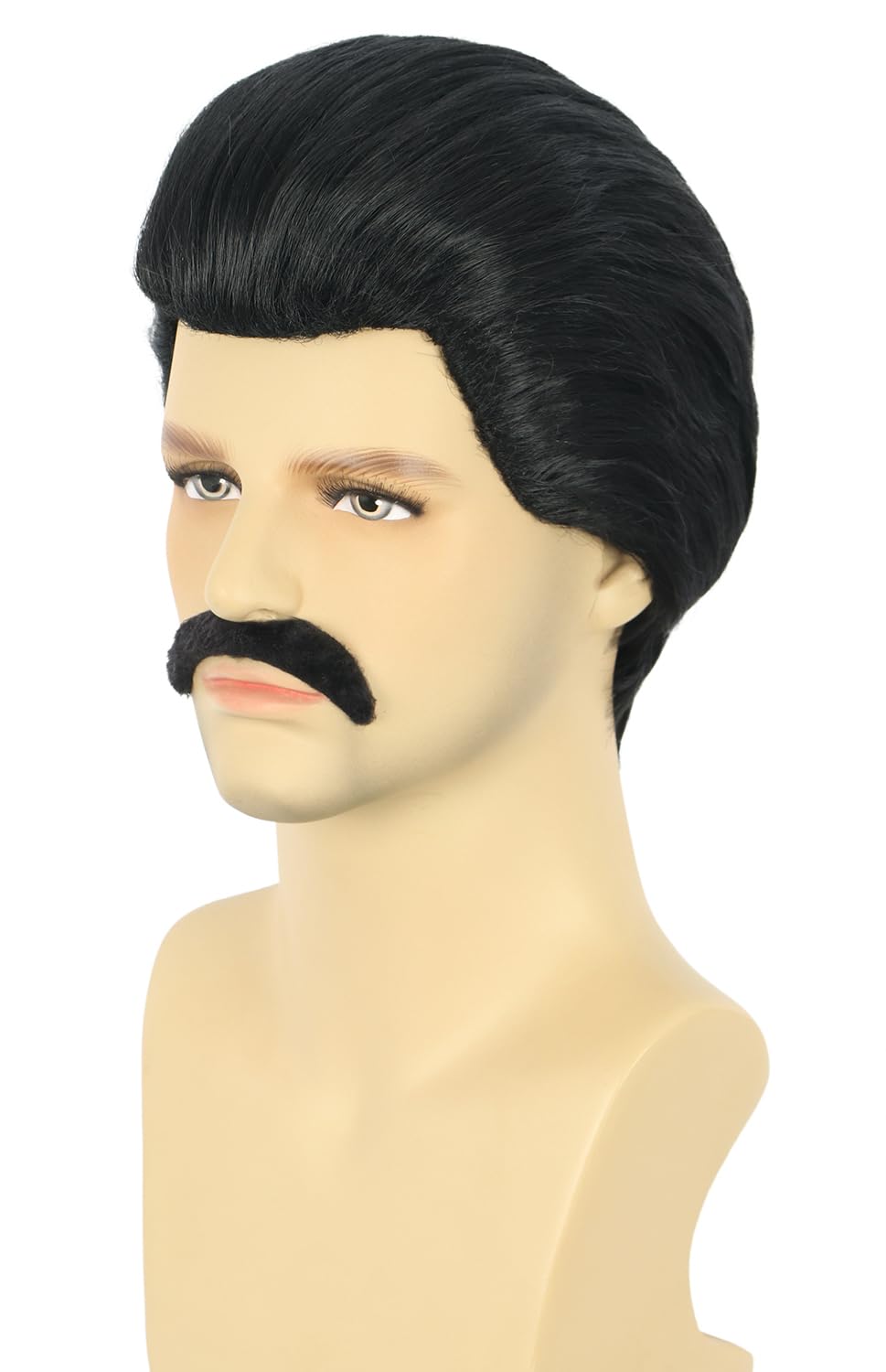 karlery Men Short Black Mustache Wig 70s 80s Rock and roll Singer Wig for Halloween Cosplay Costume Party