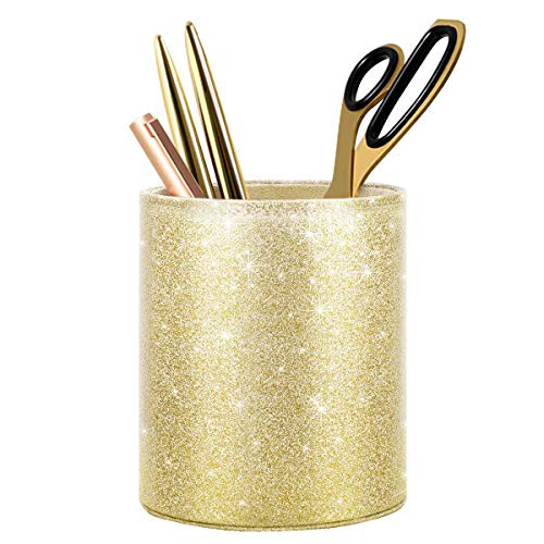 Image of Gold Pencil Holder, Decorative Pens Holder for Desk, Makeup Brushes Organizer for Table, Large Pu Leather Multi-Functional Organizer Cup for Office, Classroom, Home, Champagne Gold
