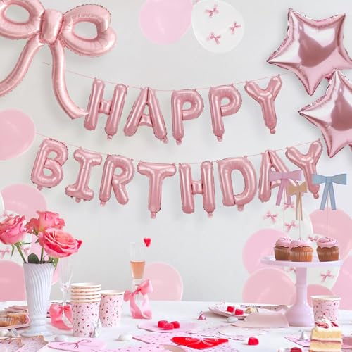 Image of Bow Party Decorations Pink Happy Birthday Balloons Banner Pink Birthday Decorations Bow Balloons for Women Girls Birthday Decor Party Supplies