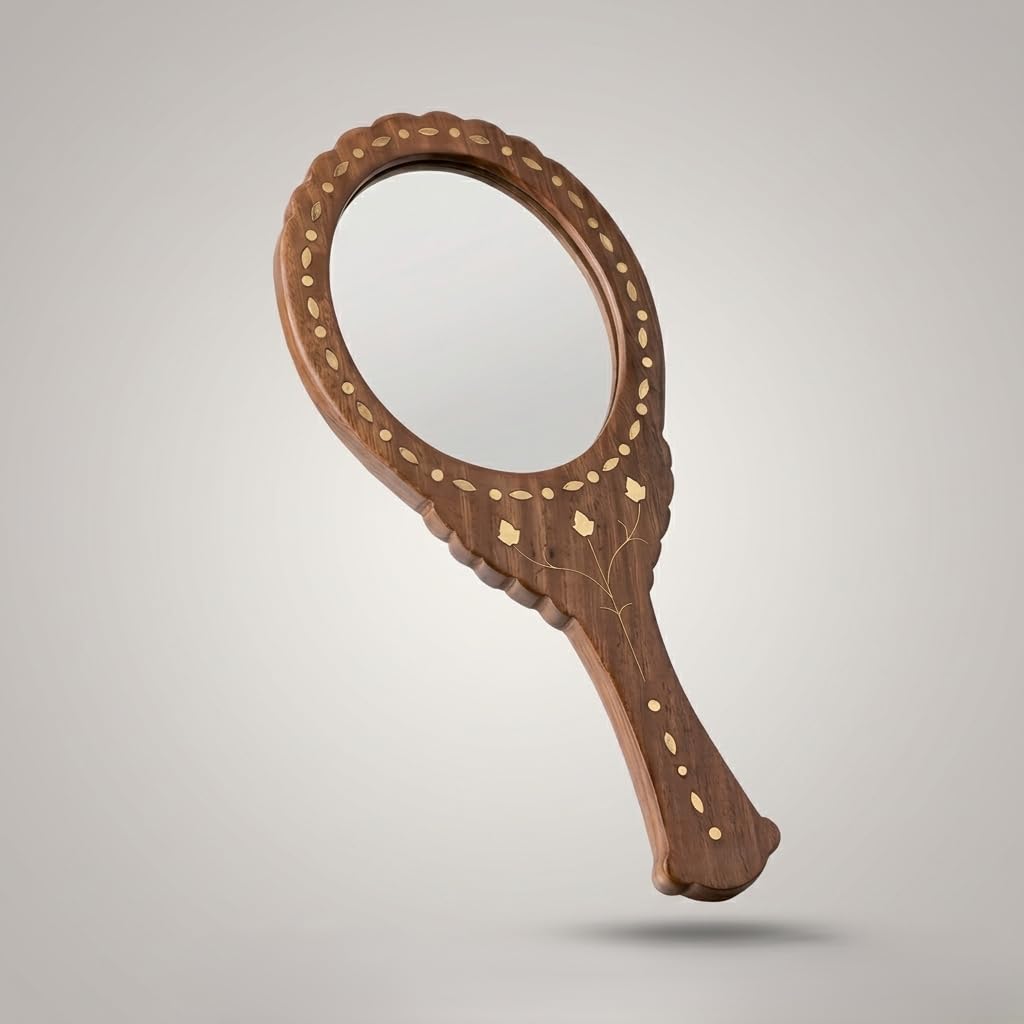Heritage Craft Hand-Inlaid Brass Wooden Hand Mirror, Brown, Floral Design, Made in India-image-13