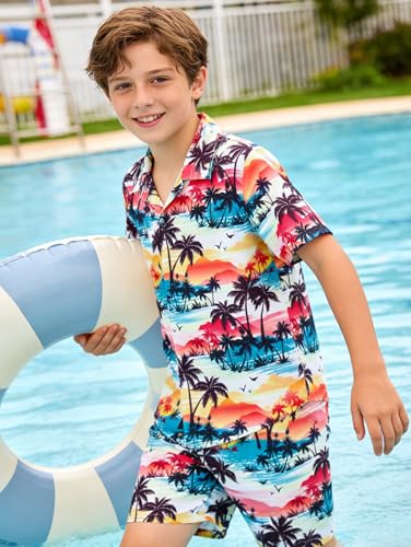 Image of UNICOMIDEA Boys Hawaiian Outfits Tropical Print Button Down Shirt + Swim Trunks 2 Piece Sets for 5-12T Kids
