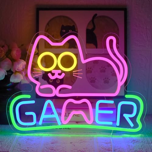 UExnkj-Y Letrero de Neón para Juegos de Gatos Juego Neón Signs Gamer LED Neon Light Regulable por USB para Sala de Juegos Decoración para Gamers Regalos de Cumpleaños y Navidad