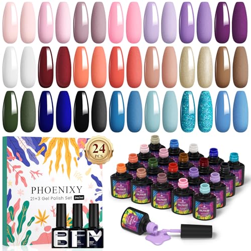 Phoenixy 21 Colores Esmaltes Semipermanentes para Uñas, 21+3 Pintauñas Esmalte de Uñas con Capa Base Mate Brillante, kit Uñas Semipermanentes Para Mujeres Diseño de Salón en Casa