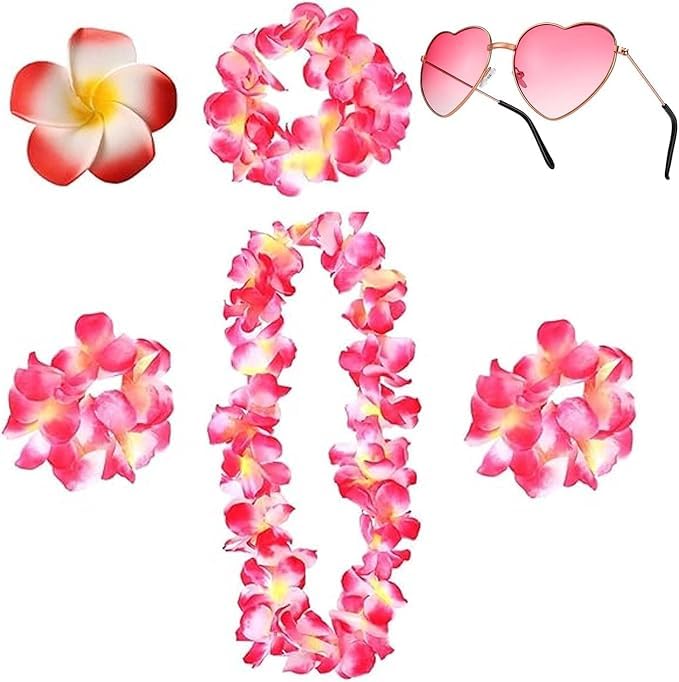 FeiOne 6-Teiliges Set Hawaii Outfit Damen mit Blumenkranz, Blumenhaarband, Blumenarmbandes, Blütenkopfes & Herz Sonnenbrille – Perfekt für...