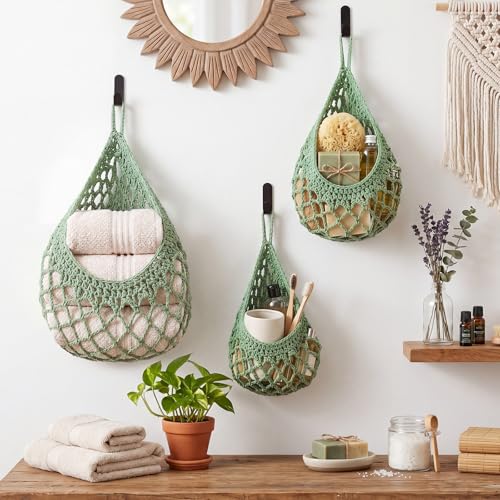 Image of Honeydak 3 Hanging Baskets, Sage Green, Crochet, Cotton Rope