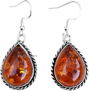 Pure 925 Sterling Silver Dangle Drop Earrings For Women, Genuine Baltic Amber Pear Orange Gemstone Amazing Handcrafted Earrings For Her