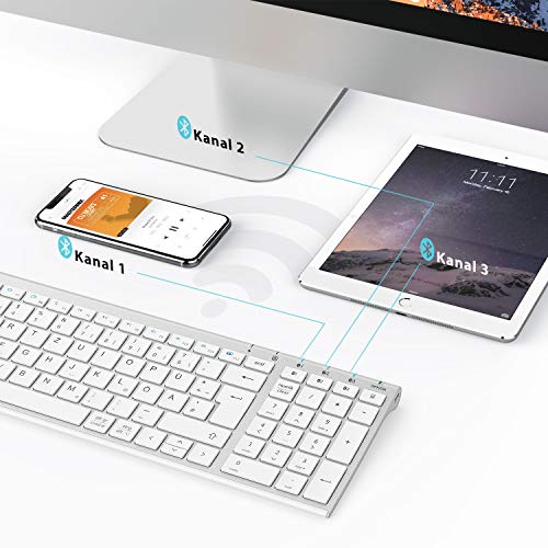 iClever Kabellos Tastatur, BK10 Bluetooth Tastatur Mac mit 3 Bluetooth Kanälen, Ultraslim wiederaufladbare QWERTZ Deutsche Keyboard, Funk Tastatur für iOS, Android, Windows, Weiß – Bild 3