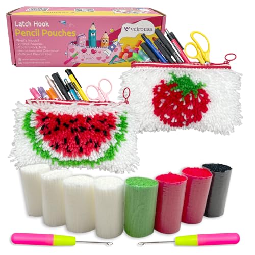 Image of veirousa Strawberry & Watermelon Latch Hook Pencil Case Kit for Adults Beginners, Flully Fruit DIY Craft Pencil Pouch for Girls Boys 2 Pack Set
