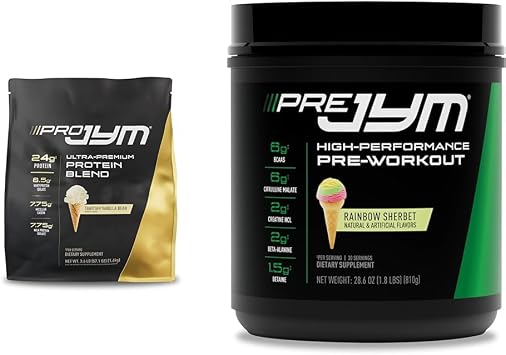 PRO JYM 45 Servings - Tahitian Vanilla Bean & Pre Jym Rainbow Sherbet, 30 Servings, Rainbow Sherbet, 1.8 Pound Pack of 1