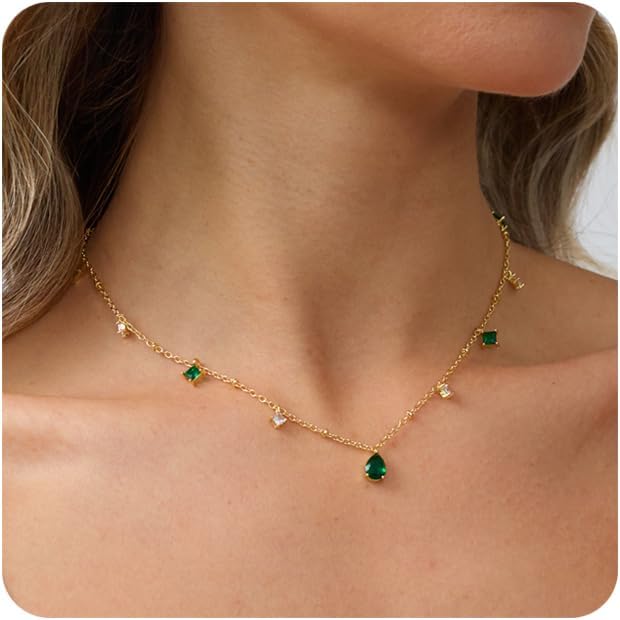 Gold Necklaces for Women 14K Gold Plated CZ Diamond Choker Necklace Red Emerald Green Blue Black Teardrop Necklace for Wedding Bridesmaid Prom Trendy Gold Jewelry Gift