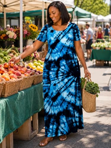 Image of SUZONANA Plus Size Maxi Dress for Curvy Women Summer Casual Sundress Short Sleeve Loose Vacation Dress