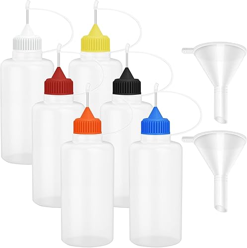 6 botellas de pegamento con punta de aguja de 4 onzas, botellas cuentagotas de plástico de 4.1 fl oz, tapa multicolor con 2 mini embudo para