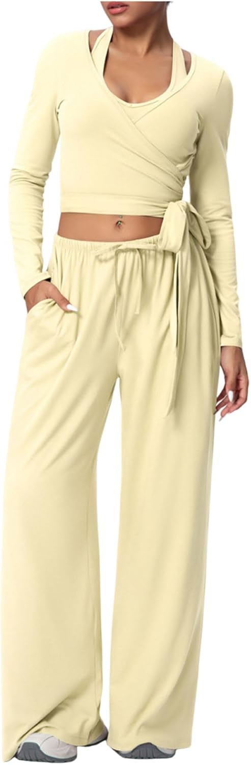 Women's 3 Piece Yoga Outfit Set, Wrap Tie Long Sleeve Top, Halter Neck Sports Bra and Wide Leg Pants Workout Gym