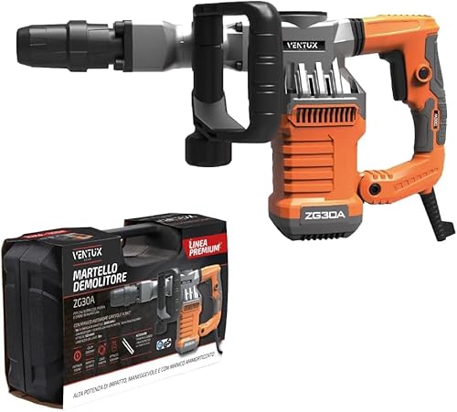 Martello Demolitore Professionale ZG30A || 1300W con 3 Punte e Scalpello || Forza del colpo di 15 Joule || Ideale per lavori di demolizione su muri, cemento || Sistema antivibrazione