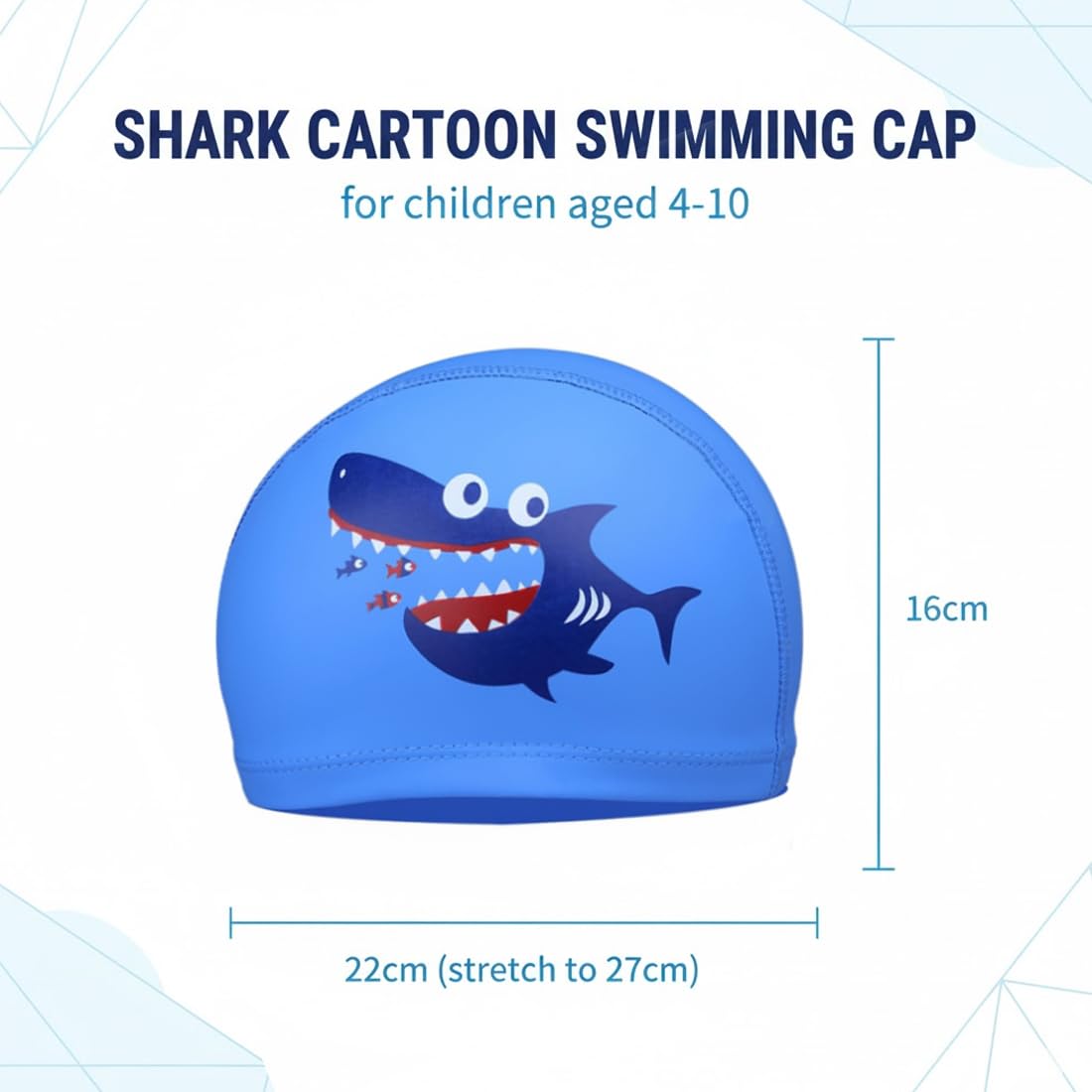 Gorro de Piscina para Niños 4-10 Años, Gorro de Natación Niño y Niña con Diseño de Tiburón Azul Claro, Ajuste Cómodo y Resistente al Agua para Entrenamiento y Competición
