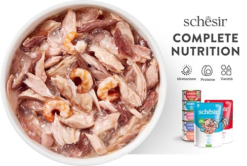Schesir, Thunfisch mit Alicette in Brühe, komplettes Nassfutter für Katzen, in Dose, mit zusätzlichen Vitaminen, 100% natürlich, 6 x 85 g