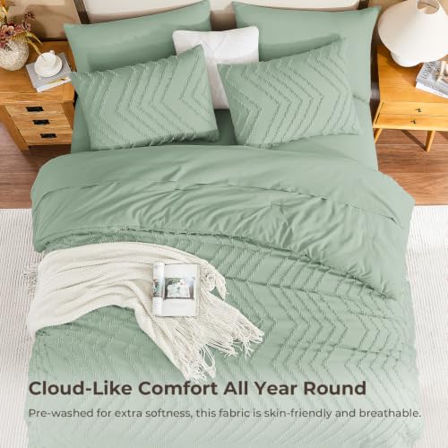 Image of Litanika Super King Size Comforter Set with Sheets Sage Green - 7 Pieces Bed in a Bag Oversized King Boho Tufted Complete Bedding Sets with Comforter, Sheets, Pillowcases & Shams