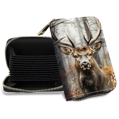 DHYYDSQZ Credit Card Holder with Zipper, Slim RFID Blocking Card Wallet for Women Men Deer Elk Forest Design PU Leather Small Accordion Card Case Wallet, ID Card Organizer, Pocket Business Card Case