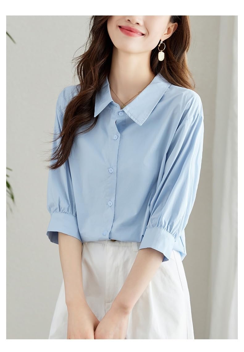Camisas De Algodón De Manga Corta para Mujer, Color Azul Sólido, Blusa Tipo Túnica con Solapa Y Botones, Clásica De Verano, Básica, Informal, Holgada, para Uso Diario.