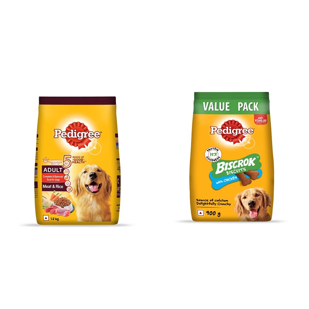 Pedigree Adult Dry Dog Food Meat & Rice, 1.2kg Pack & Biscrok Biscuits